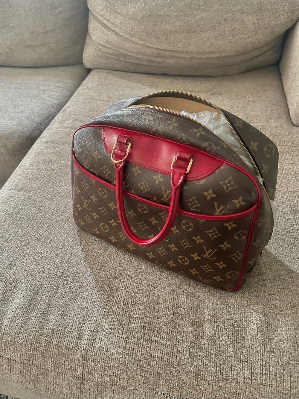 Louis Vuitton Brown Monogram Satchel with Red Trim and Handles